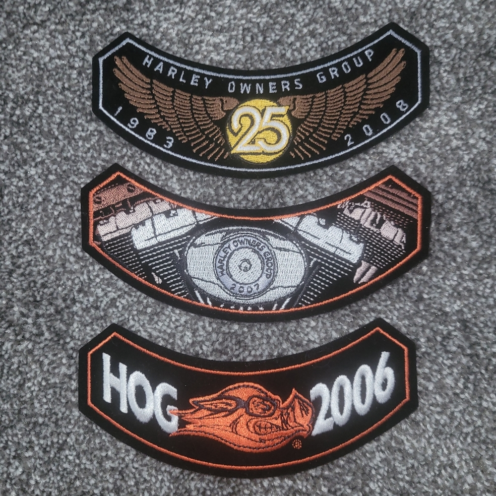 3 New Harley Davidson Owners Group Rocker Patches.